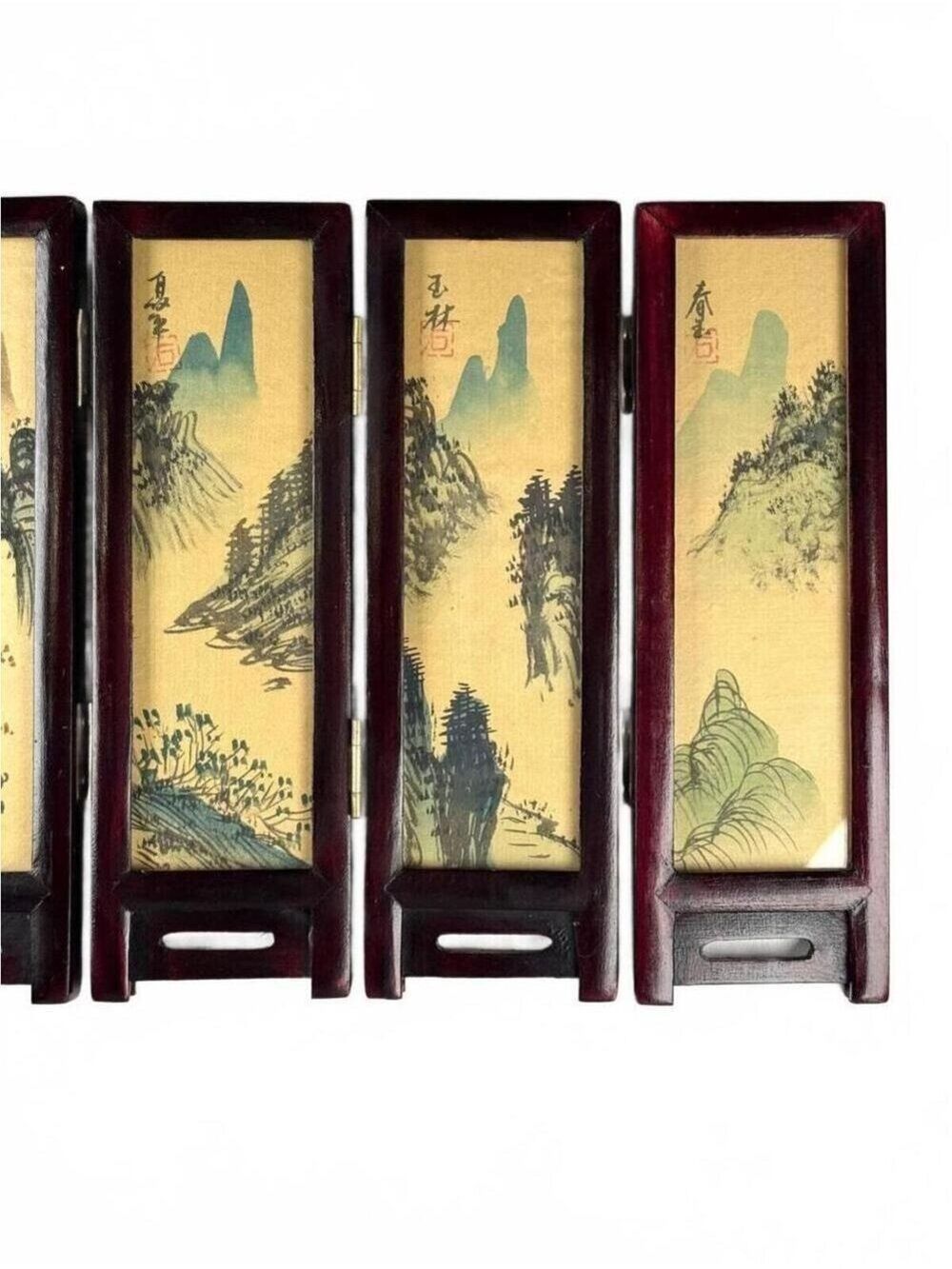 Vintage Mini Folding Screen Two-Sided China Silk Painting Birds Flowers Mountain - Picture 8 of 14